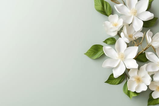 Elegant white flowers with green leaves on pale background