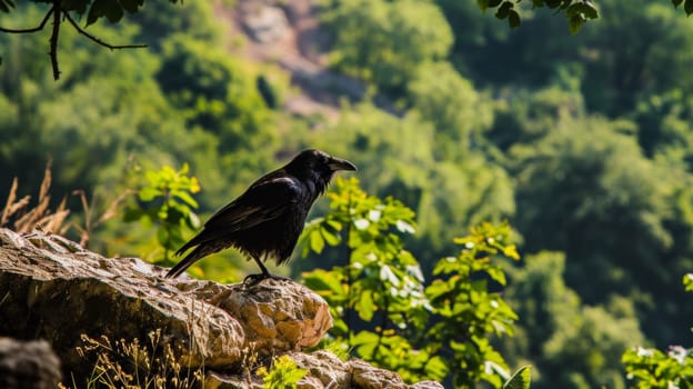 A black bird perched on a rock in the forest