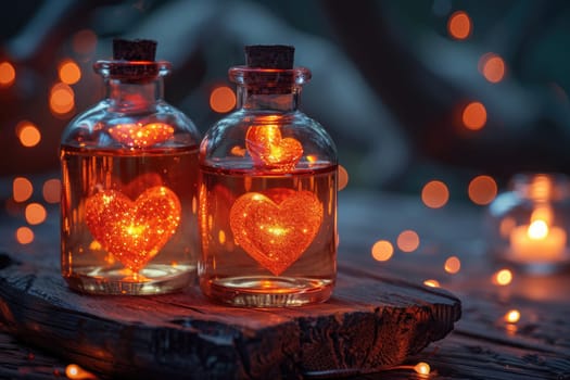 Several bottles glowing with internal lights, creating a magical and enchanting atmosphere.