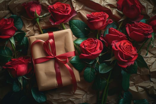 A gift wrapped in brown paper sits amid a cluster of vibrant red roses.