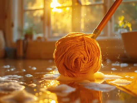 A ball of yarn and crochet hook lying on the floor.