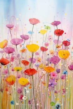 A vibrant, abstract painting featuring a field of colorful flowers against a dreamy backdrop, infused with a sense of springs's joyful essence - Generative AI