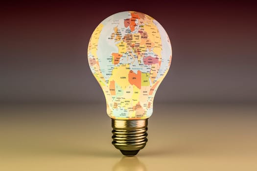 A glowing lightbulb showcasing a colorful world map symbolizes global enlightenment and international ideas.