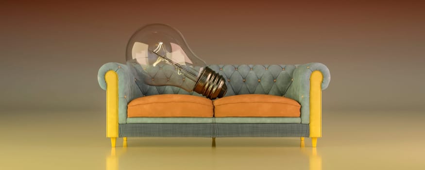 An imaginative visual metaphor blending comfort with enlightenment, as a giant lightbulb rests on a tufted sofa.