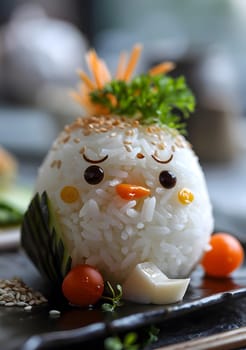 A stunning presentation of a chickenshaped rice dish served on a porcelain plate. This creative finger food is garnished beautifully, making it a delightful addition to any cuisine