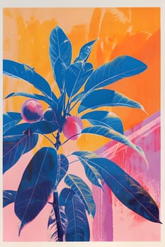 An art painting of a terrestrial plant with blue leaves and pink flowers, creatively capturing the beauty of nature through tints and shades in a rectangular format
