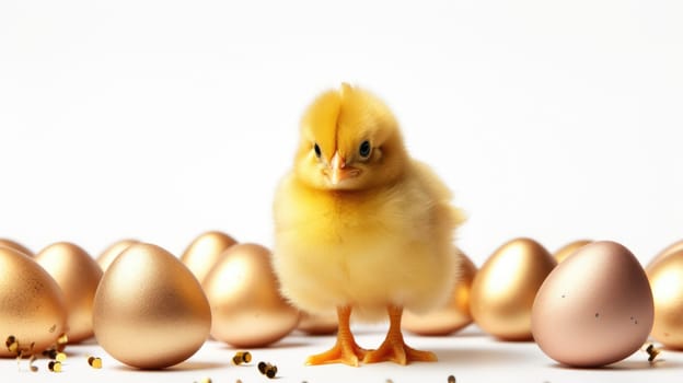 Fluffy yellow baby chick standing in front of golden Easter eggs.