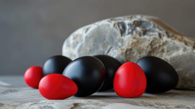 Red and black Easter Eggs on dark Background. Happy Easter eggs.