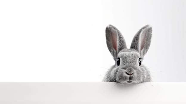 Surprised Funny Cute Bunny with Big Eyes looking out of white banner on Light Background, Cute Animal Portrait.
