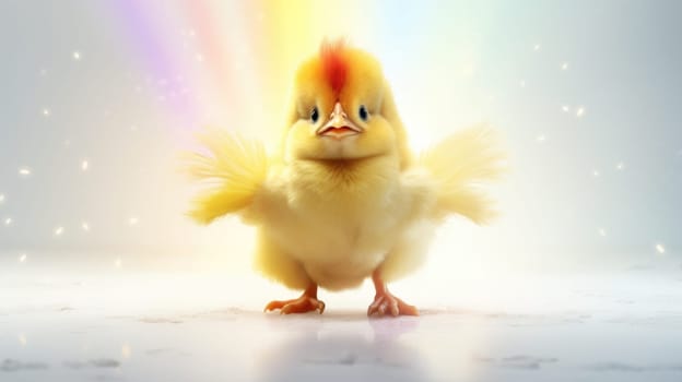 Vibrant chicken flying with colorful rainbow feathers in the sky on bright background.