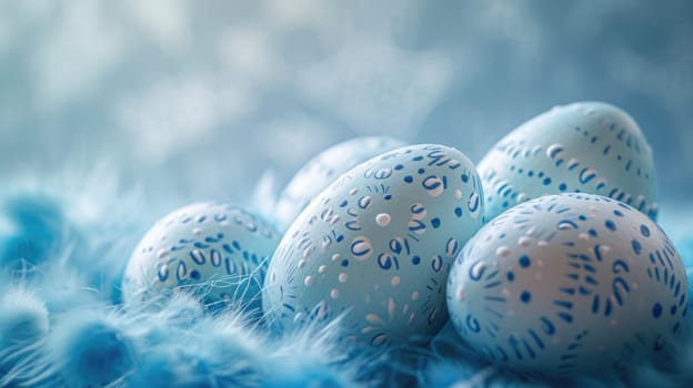 Blue Easter Eggs with White Polka Dots on Light Blue Background. Easter eggs.