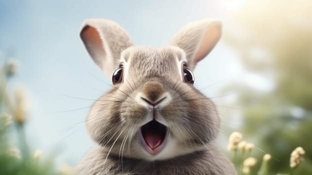 Surprised Funny Cute Bunny with Big Eyes on green grass and blue sky Background, Cute Animal Portrait.