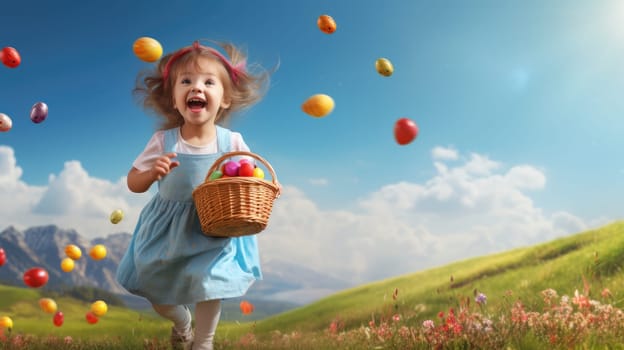 Cheerful young girl holding colorful Easter egg basket under clear blue sky on sunny spring day.