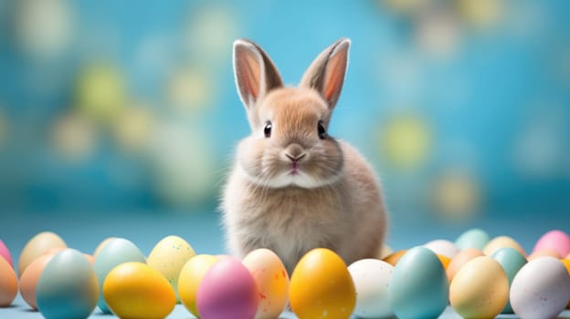 Cute rabbit with colorful Easter eggs on blue background.