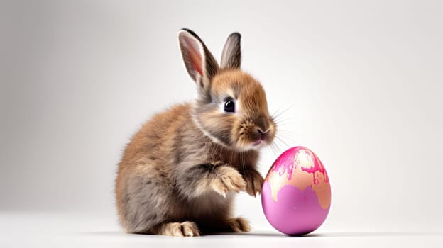 Studio shot of a cute bunny with Easter eggs on a white background.