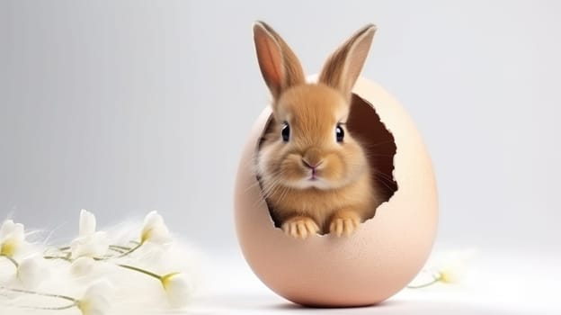 A cute baby rabbit in a broken eggshell, perfect for Easter projects. The rabbits ears are perked up and eyes wide open, looking out of the shell on a white background.