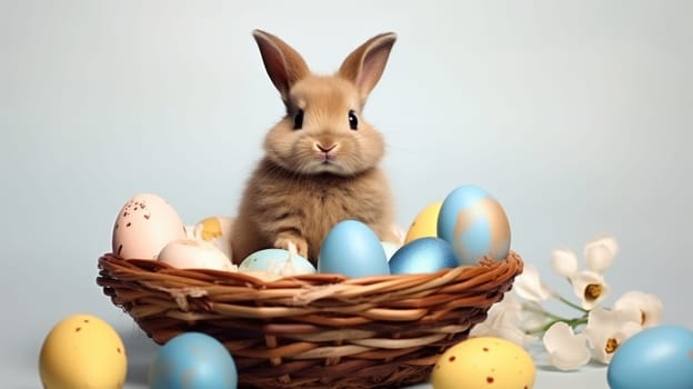 A fluffy white rabbit with long ears in a basket surrounded by Easter eggs on a blue background. Curious expression, vibrant colors. Ideal for Easter or spring projects.