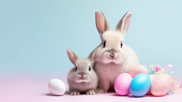 Two cute rabbits posing together, one sitting upright with perked ears, the other with folded ears beside. Both looking at the camera. Soft blue background with clouds.