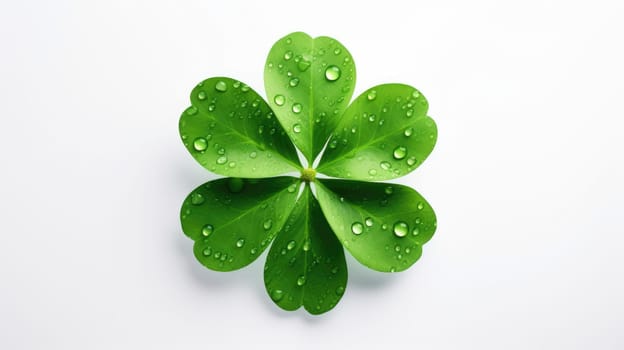 This is a photograph of a fresh green four-leaf clover isolated on a white background. The clover is a symbol of good luck and is often used in St. Patricks Day celebrations.