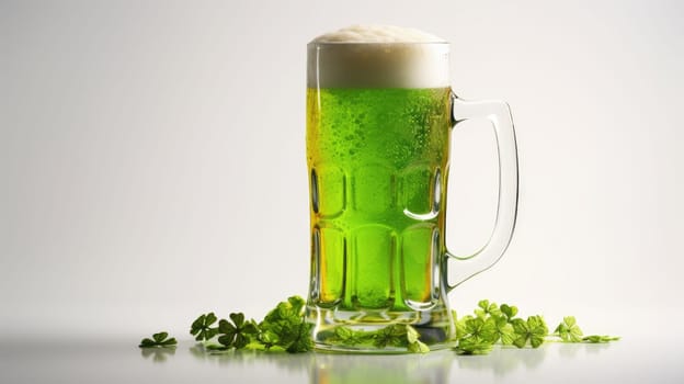 Close-up of a glass of light beer with foamy head on a white surface. Green clovers symbolize St. Patricks Day celebration and luck. Vibrant image captures holiday joy.