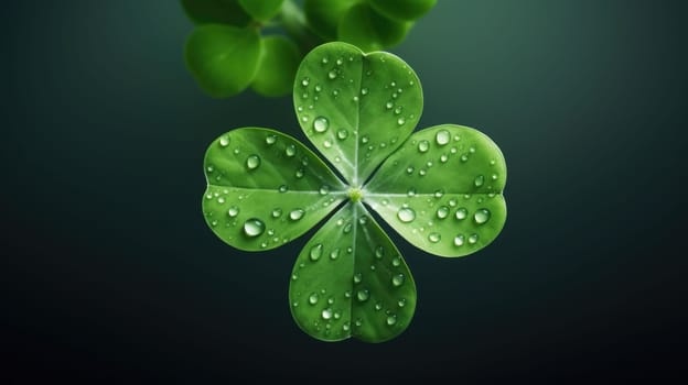 This is a photograph of a fresh green four-leaf clover isolated on a white background. The clover is a symbol of good luck and is often used in St. Patricks Day celebrations.