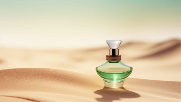Transparent green glass perfume bottle mockup with sandy background. Eau de toilette. Mockup, spring flat lay