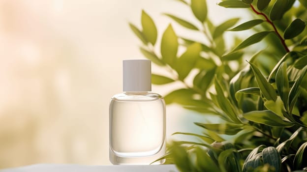 Transparent white glass perfume bottle mockup with plants on background. Eau de toilette. Mockup, spring flat lay