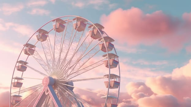 A Ferris wheel at an amusement park with a beautiful cloudy sky in the background. The Ferris wheel is pink and has 10 gondolas. The sky is a gradient of pink and orange, with white clouds.
