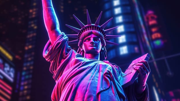 Close up view of Statue of Liberty with a glowing blue and pink neon light at night in futuristic style.