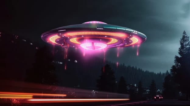 Retro-futuristic flying saucer hovering over a vibrant 1980s city skyline illuminated with neon lights. Ideal for book covers, movie posters, and futuristic-themed projects.