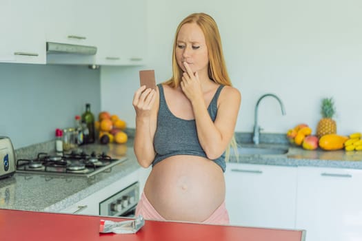 Contemplating the sweet dilemma, a pregnant woman ponders the decision to indulge in chocolate during pregnancy, weighing the delightful treat's potential impact on her maternal journey.