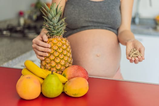 Balancing choices for optimal nutrition, a pregnant woman decides between the wholesome goodness of fresh fruits and the convenience of vitamin tablets, ensuring a well-rounded approach to her prenatal health.