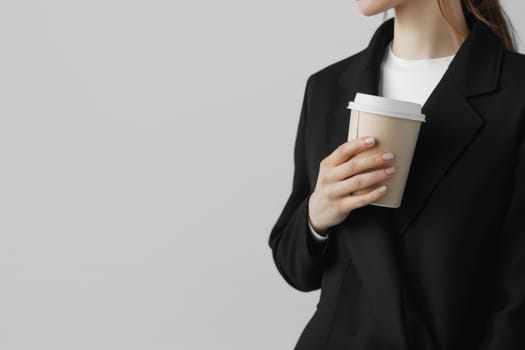 Photo of a business woman with a coffee with Copy space, mockup coffee cup, minimalist.