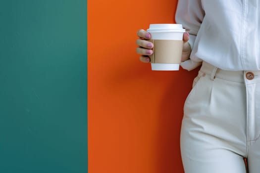 Photo of a business woman with a coffee with Copy space, mockup coffee cup, minimalist.