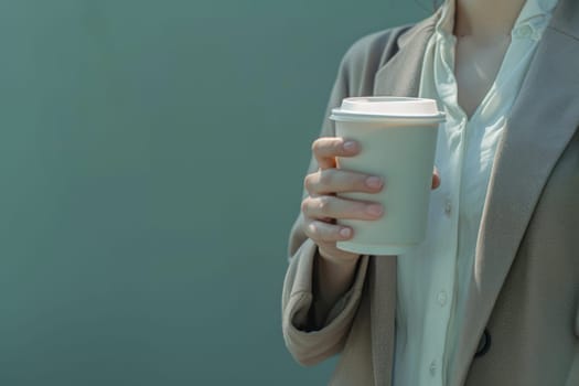 Photo of a business woman with a coffee with Copy space, mockup coffee cup, minimalist.