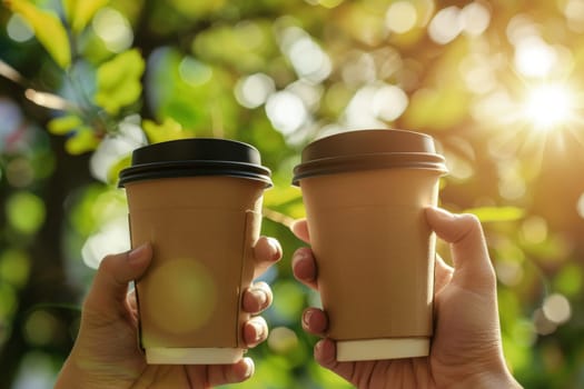 Close up of two hands holding paper coffee cups with copy space, nature on the background.