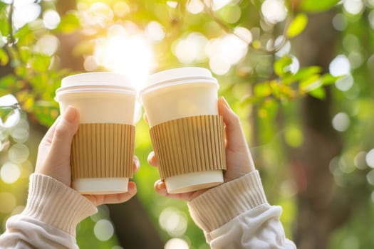 Close up of two hands holding paper coffee cups with copy space, nature on the background.