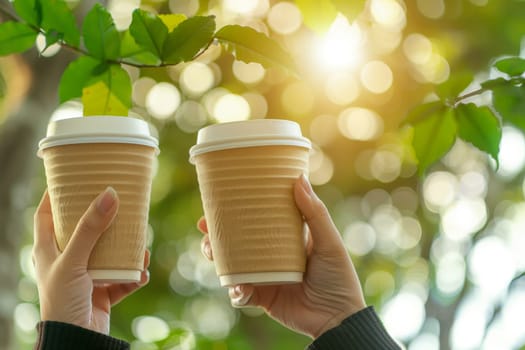 Close up of two hands holding paper coffee cups with copy space, nature on the background.