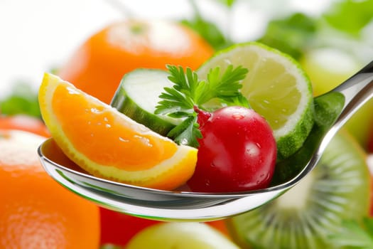 vegetables and fruits in spoon, vitamins from vegetables and fruits, Healthy food, natural vitamins.