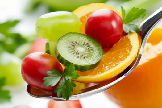 vegetables and fruits in spoon, vitamins from vegetables and fruits, Healthy food, natural vitamins.