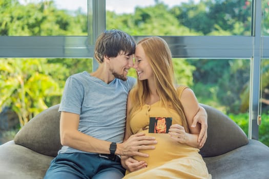 In a touching moment, the pregnant woman and father connect via video call, sharing the joy as they hold up an ultrasound photo, bridging the distance with the anticipation of their baby's arrival.