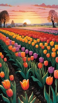 Tulip field at sunset, Colorful background. Wallpaper.Vertica image. Digital painting.Colorful tulip field at sunset.