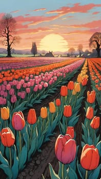 Tulip field at sunset, Colorful background. Wallpaper.Vertica image. Digital painting.Colorful tulip field at sunset.
