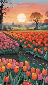 Tulip field at sunset, Colorful background. Wallpaper.Vertica image. Digital painting.Colorful tulip field at sunset.