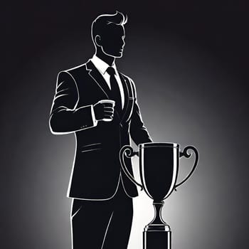 Silhouette of a businessman holding a trophy on a pedestal.Businessman holding a trophy on background. Vector illustration.Businessman on the podium with a trophy .