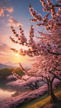 cherry blossom in spring with blue sky background, 3d render.Cherry blossoms in full bloom on the background of the sunset.cherry blossom in spring season with mountain background, digital painting.
