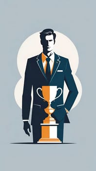 Silhouette of a businessman holding a trophy on a pedestal.Businessman holding a trophy on background. Vector illustration.Businessman on the podium with a trophy .