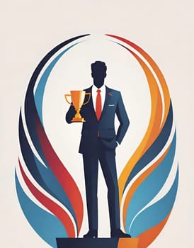 Silhouette of a businessman holding a trophy on a pedestal.Businessman holding a trophy on background. Vector illustration.Businessman on the podium with a trophy .