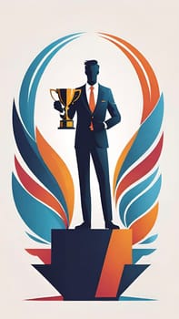 Silhouette of a businessman holding a trophy on a pedestal.Businessman holding a trophy on background. Vector illustration.Businessman on the podium with a trophy .
