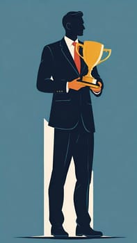 Silhouette of a businessman holding a trophy on a pedestal.Businessman holding a trophy on background. Vector illustration.Businessman on the podium with a trophy .